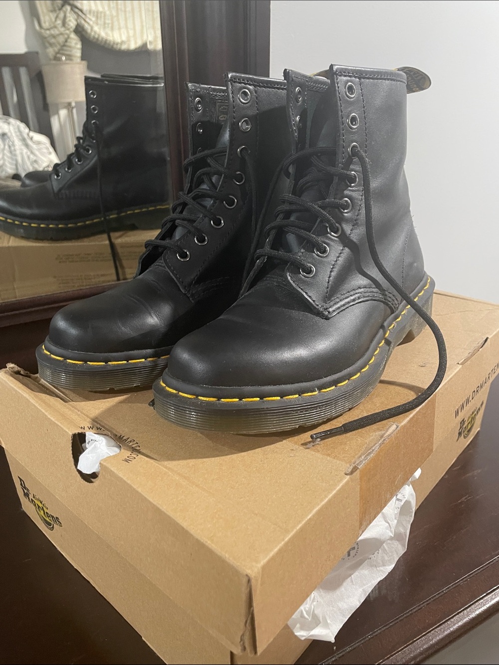 Dr. Martens Black Leather 8-Eye Combat Boots with Yellow Stitching